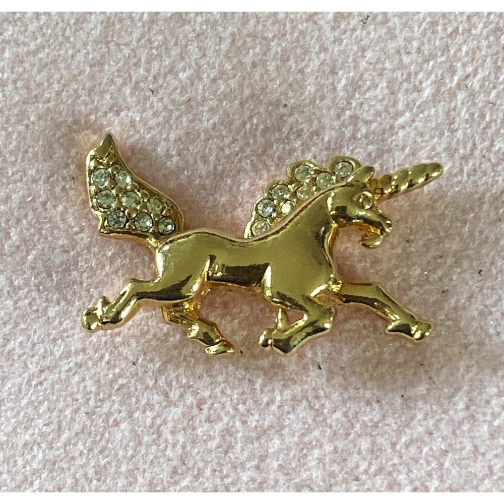 Vintage SAL Goldtone SWAROVSKI Clear Crystal Unicorn Brooch Pin w Clutch Back